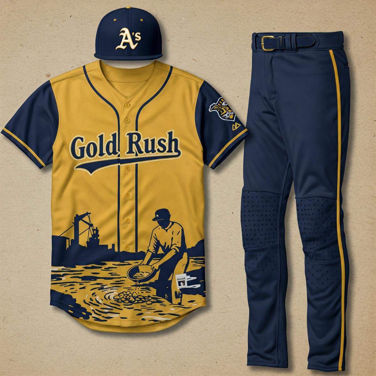 The A’s do not have a a City Connect uniform because the team is not officially connected to a city, even though it is current playing in West Sacramento. What would a uniform with a Gold Rush theme look like? This is an AI-generated image.