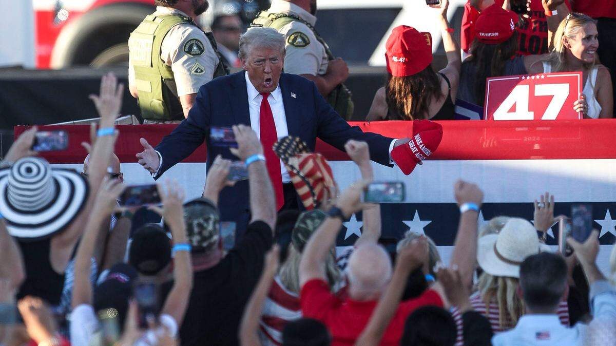 Donald Trump takes the stage to the delight of his supporters during his in Coachella, Calif., Oct. 12, 2024. his rally in Coachella, Calif., Oct. 12, 2024.