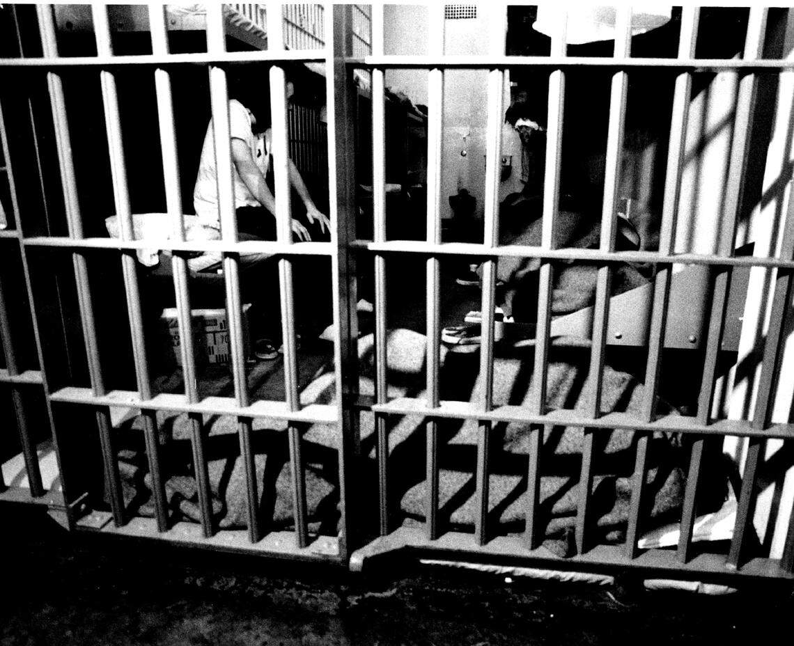An inmate sleeps on the floor of the cell in the Sacramento County jail in 1978.