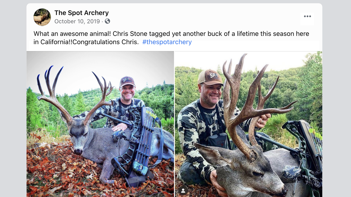 A social media post from October 2019 shows Chris Stone holding a trophy class buck without the required tag attached to the antlers.