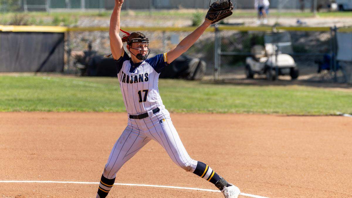 Oak Ridge Trojans pitcher Ellison Schroeder (17) throws against the Del Oro Golden Eagles during the CIF Northern California Division I softball championship on June 7. Schroeder is The Bee’s Softball Player of the Year.