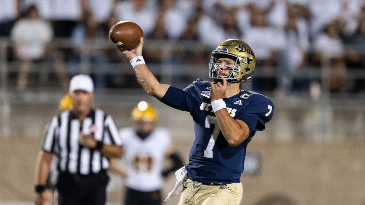 UC Davis Aggies quarterback Miles Hastings (7) throws a pass during a game against Idaho Vandals on Saturday, Sept. 28, 2024, at UC Davis Health Stadium.