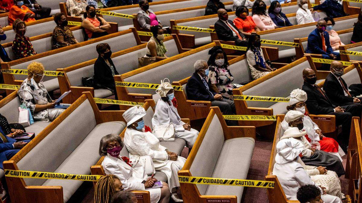 Seats were cordoned off to ensure social distancing at St. Paul Missionary Baptist Church in Oak Park in Sacramento on Easter Sunday on April 4, 2021. It was the first day of indoor services at the church since March 2020, early in the coronavirus pandemic.