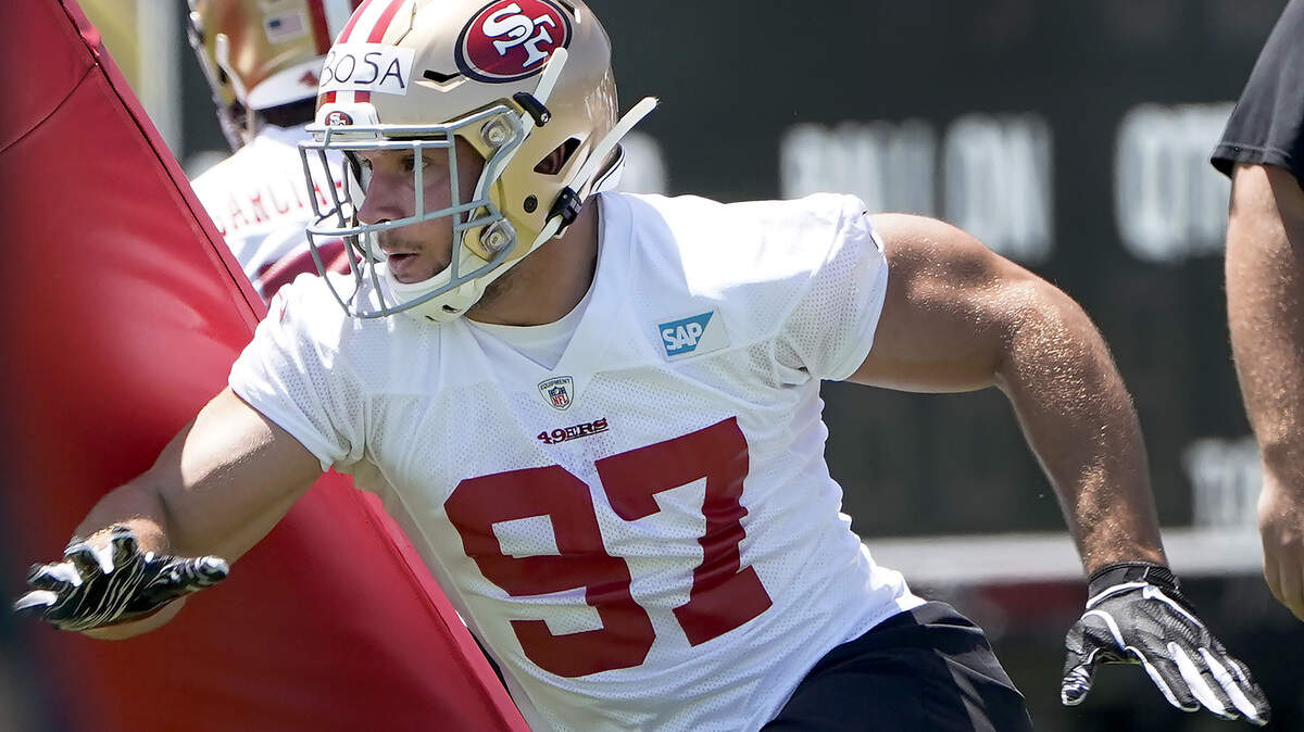 San Francisco 49ers first-round draft pick defensive lineman Nick Bosa during a rookie minicamp in Santa Clara, Calif., earlier this month.