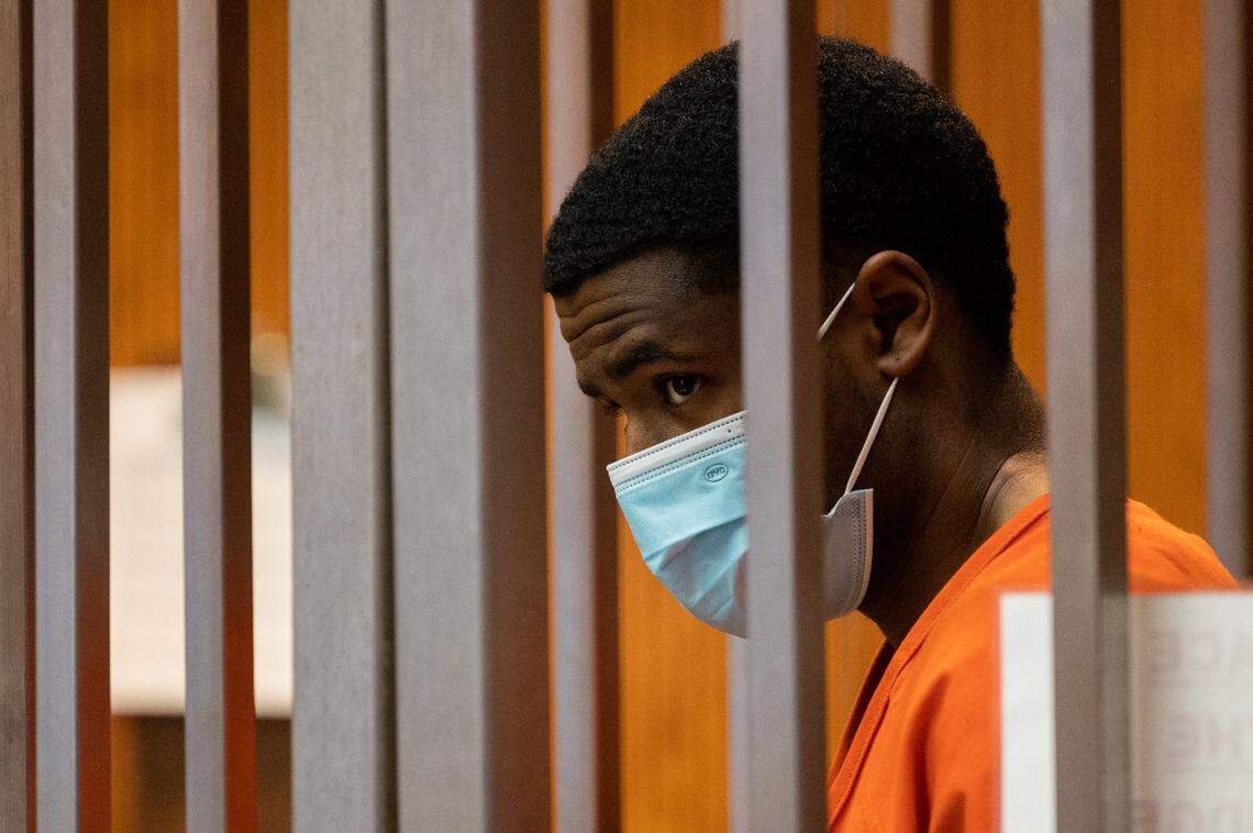 Demetrius Davis a 24-year-old man is suspected of using social media to lure children into performing sexual acts in an investigation that has identified over 80 victims throughout the United States is arraigned at the Sacramento Superior Count in Sacramento, Thursday, April 28, 2022.