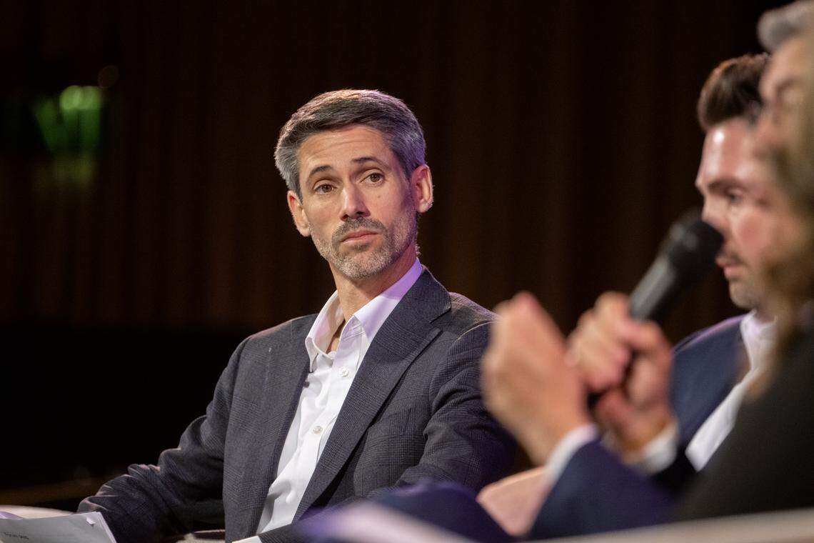 Matt Mahan, mayor of San Jose, listens to other candidates answer questions during the gubernatorial forum on Wednesday, Feb. 18, 2026, at the Crest Theatre in Sacramento.