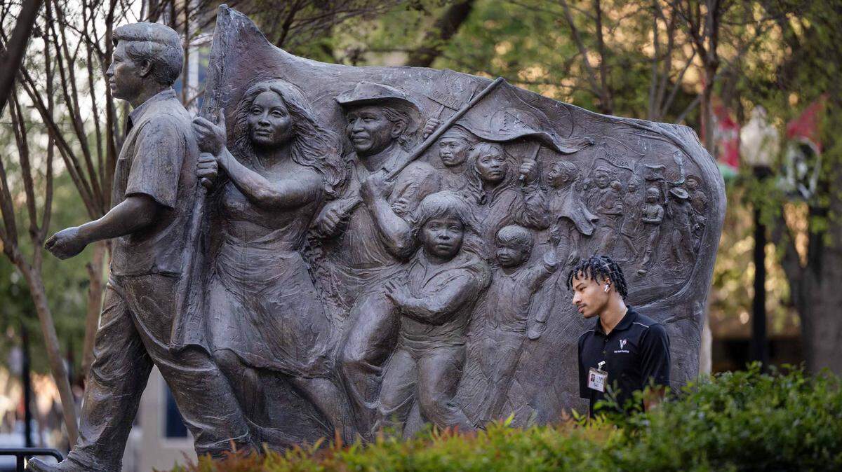 The Cesar Chavez statue stands at Cesar E. Chavez Plaza  in downtown Sacramento on Wednesday, March 18, 2026, the day allegations of rape and sexual assault by long dead labor leader emerged.