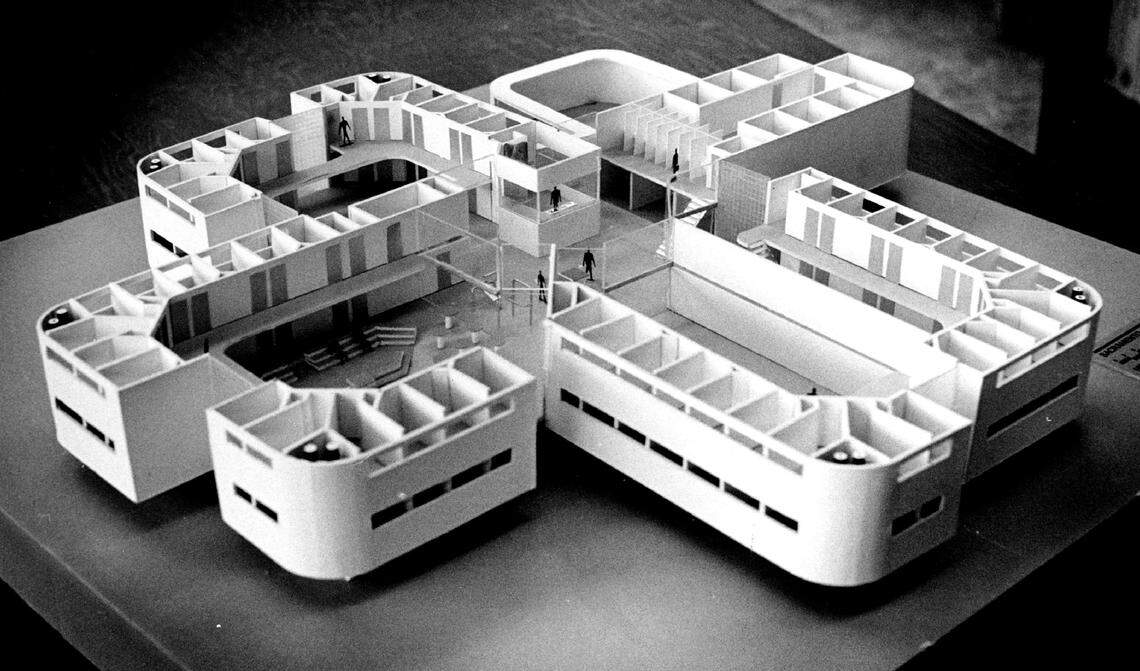 A model shows the planned layout of a floor of the proposed new county jail in April 1981.