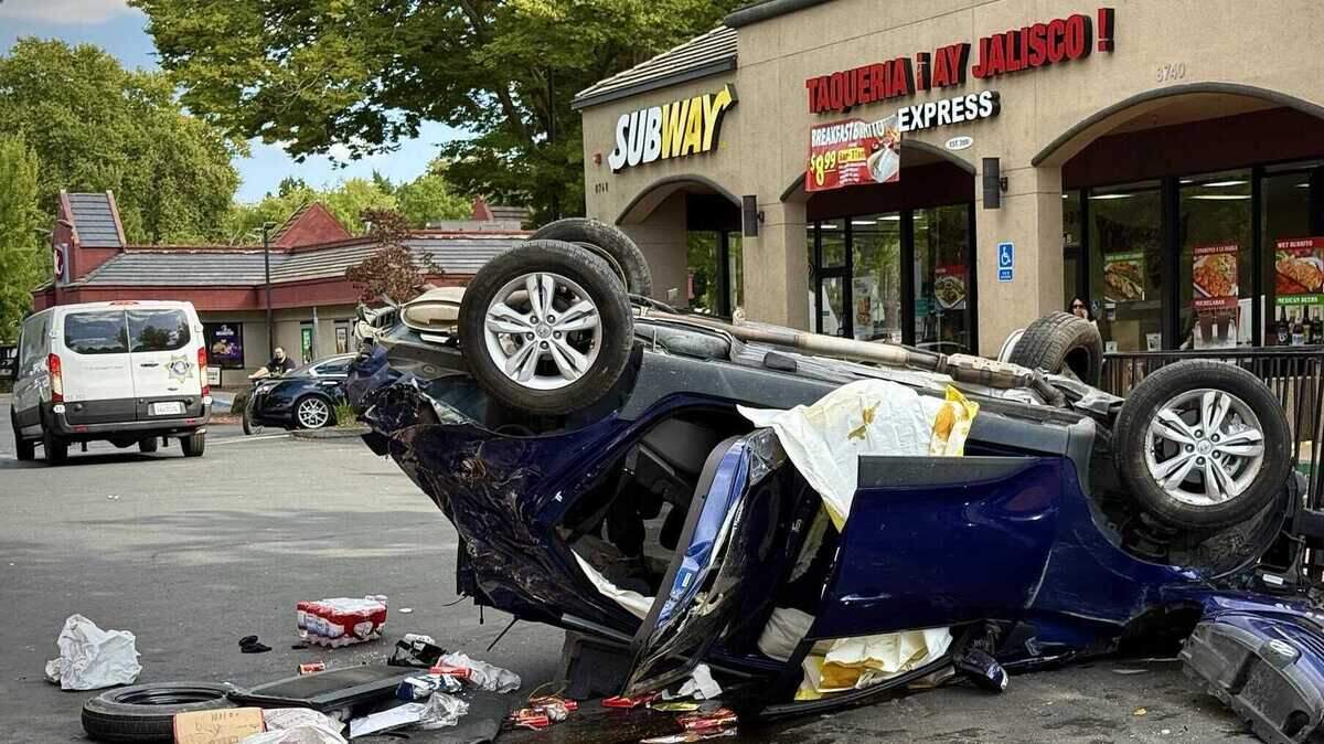 One person died and two others were hospitalized after a blue Hyundai overturned on Thursday in a shopping center parking lot in the 8700 block of La Riviera Drive just east of Watt Avenue in Sacramento.