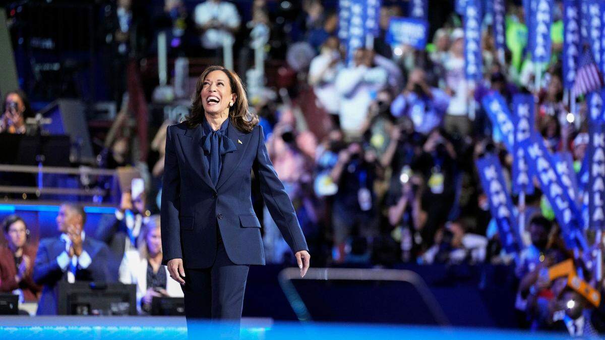 Democratic Presidential nominee Vice President Kamala Harris delivers her acceptance speech on Thursday, Aug. 22, 2024, the final day of the Democratic National Convention at the United Center.