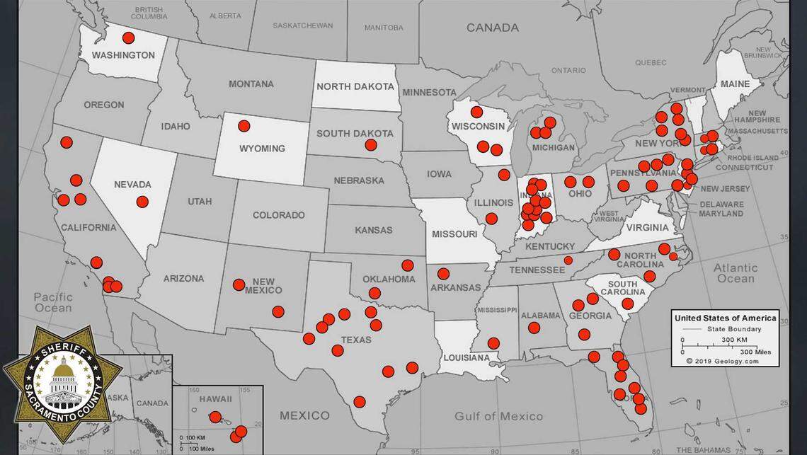 An image provided by the Sacramento County Sheriff’s Office shows states they’ve identified as having potential child victims to a suspected sexual predator who was arrested Tuesday, April 26, 2022, in Sacramento County.