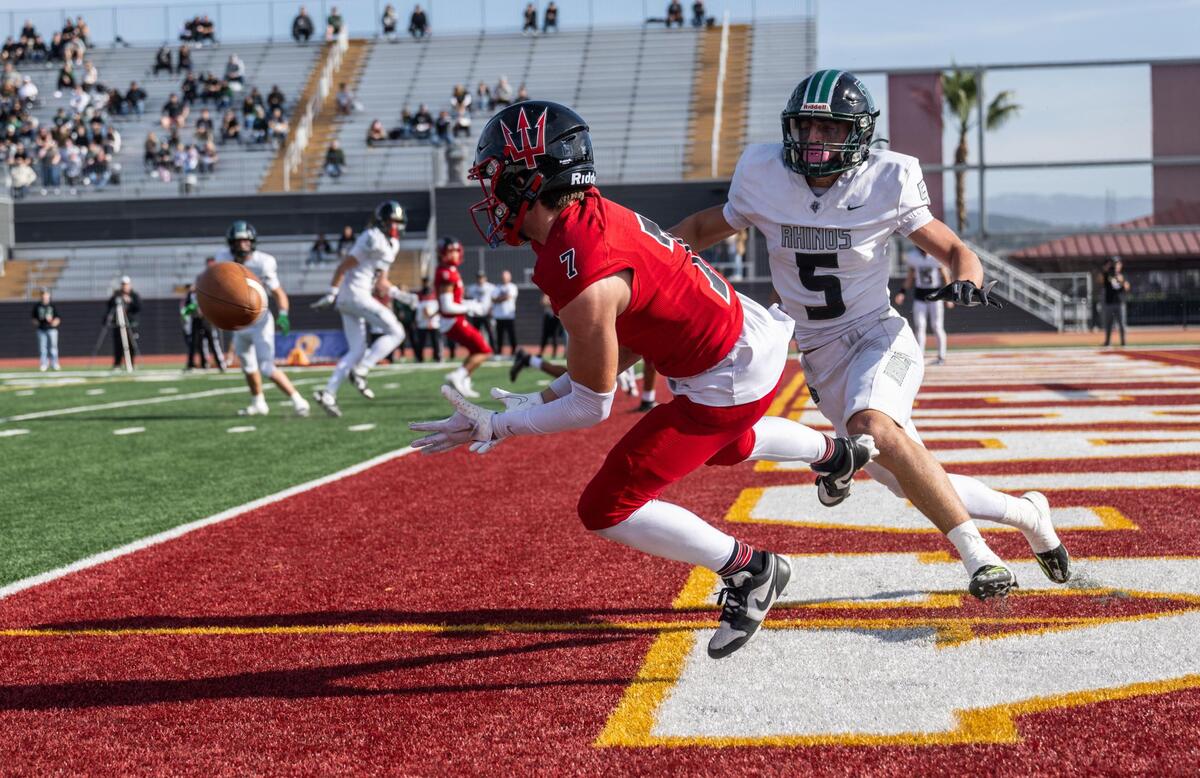 The Palos Verdes Sea Kings’ Morley Boyd (7) catches a touchdown pass as the Twelve Bridges Raging Rhinos’ Gavin Rappa (5) defends during the CIF State Division 2-A championship at Saddleback College in Mission Viejo on Saturday.