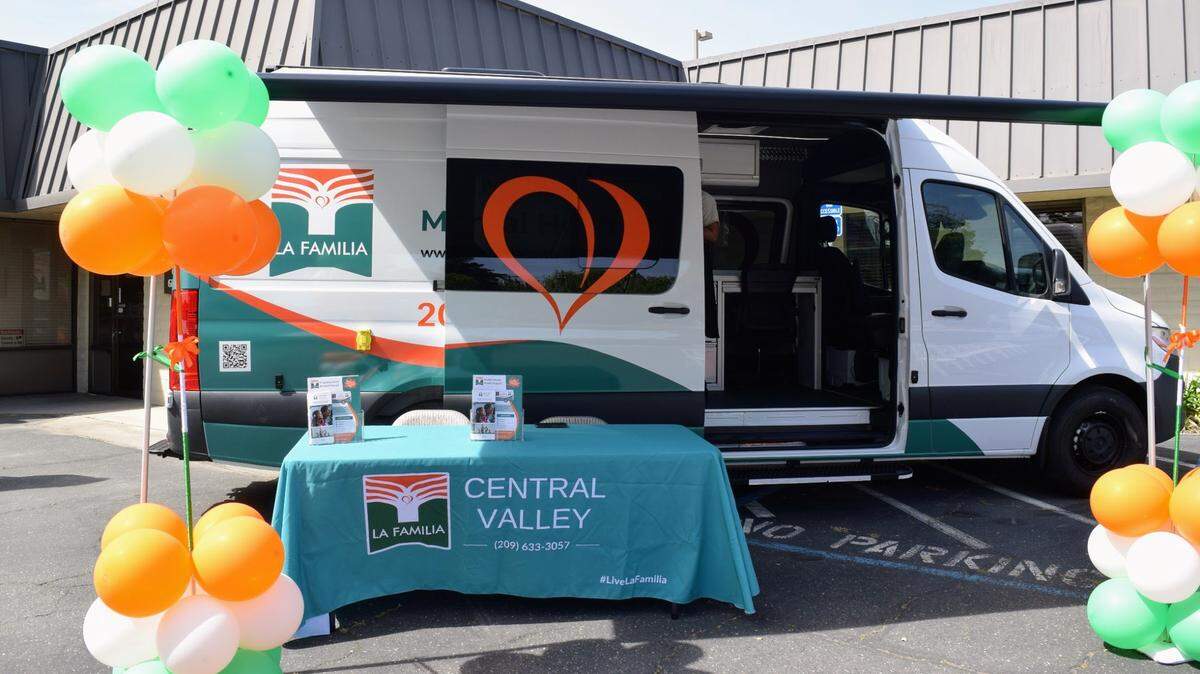The Mobile Mental Health Program van parked outside La Familia Central Valley’s office in Turlock on April 24, 2025.