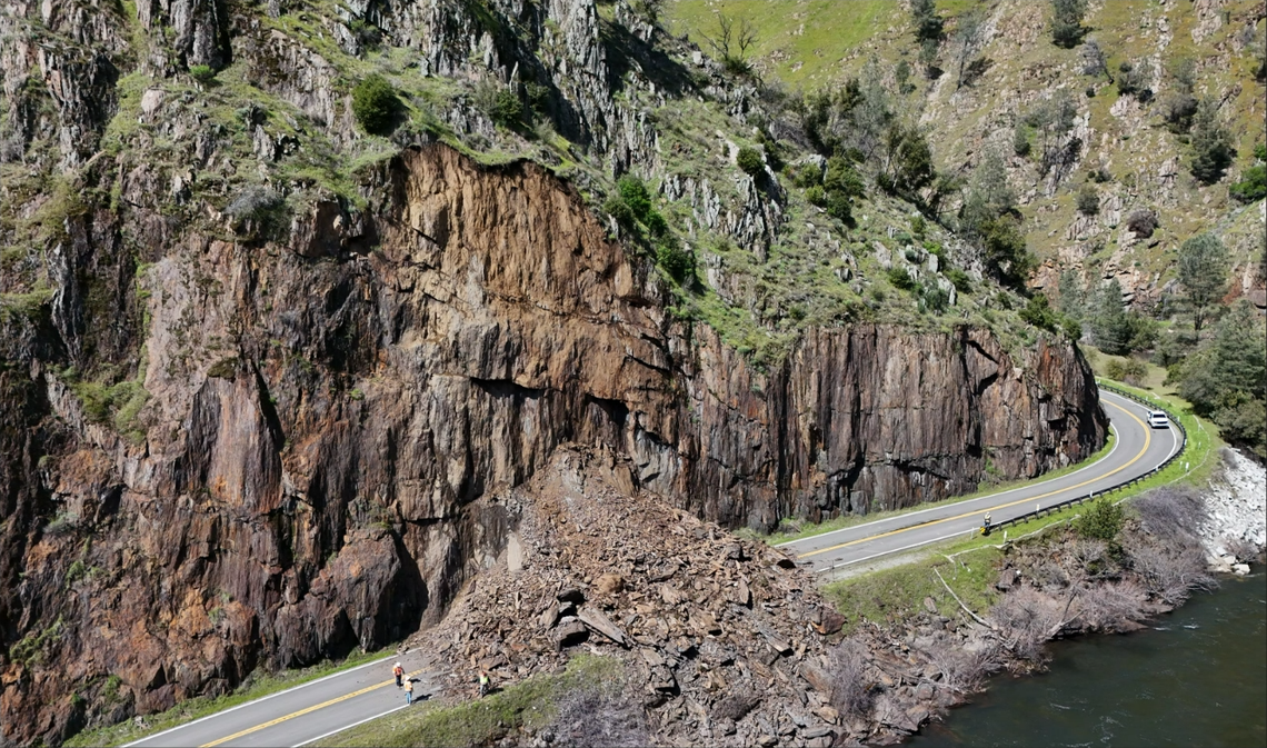 A debris slide closed Highway 140 in both directions near the entrance to Yosemite National Park on Monday, March 17, 2025.