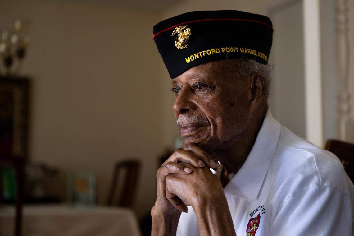 Richard Davis, 97, sits at his home in Sacramento’s Pocket-Greenhaven community on Wednesday. He’s one of the last surviving Montford Point Marines, a Black World War II unit who were the first African Americans to serve in the U.S. Marine Corps.