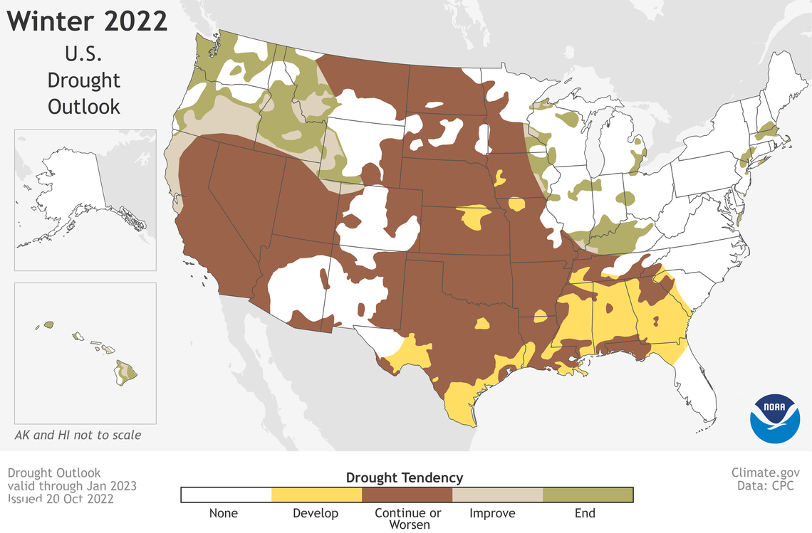 Drought is expected to worsen during winter 2022 according to predictions by National Oceanic and Atmospheric Administration.