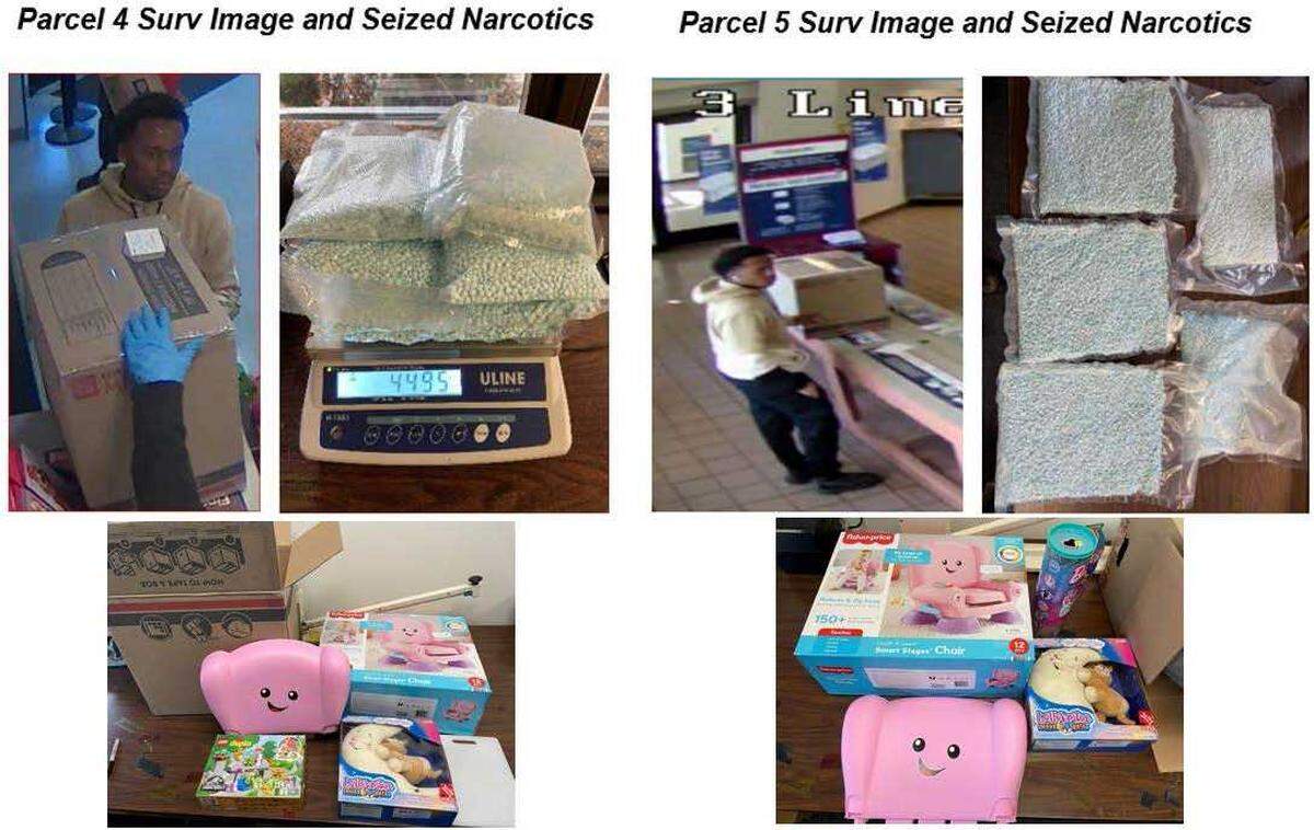 In images compiled in a federal criminal complaint unsealed Thursday, June 1, 2023, fentanyl-laced pills are seen in bulk along with suspects transporting packages and the contents of the packages, which included children’s toys, used to ship narcotics as part of an alleged drug ring operated from Sacramento. Five people, including two members of the Oak Park Bloods, were arrested in connection with the ring that authorities say shipped fentanyl across the United States.