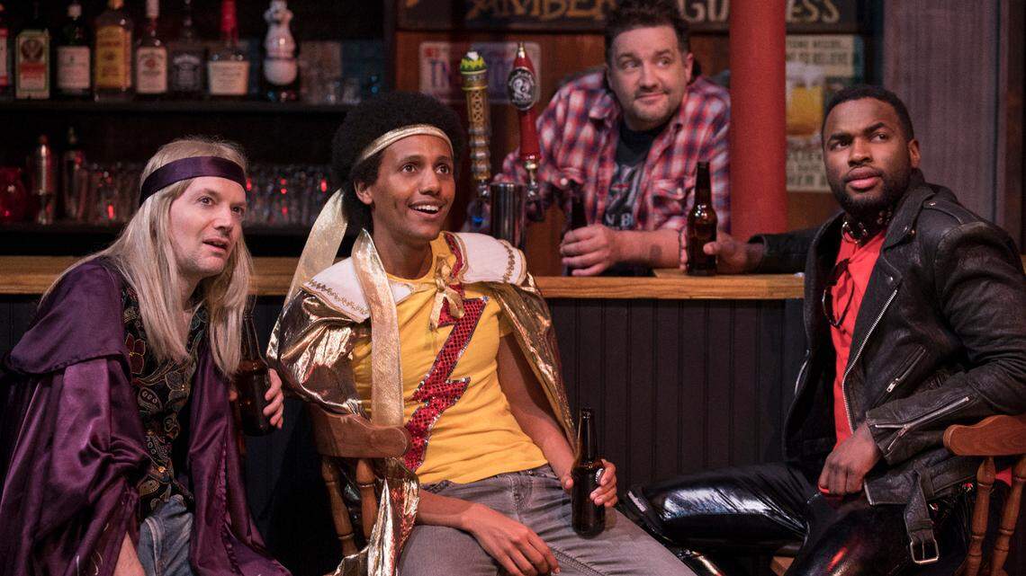 John Lamb, Sam Kebede, Peter Story, and Josh Bonzie perform in B Street Theatre’s 2018 production of Airness, which surrounds the world of competitive air guitar. 