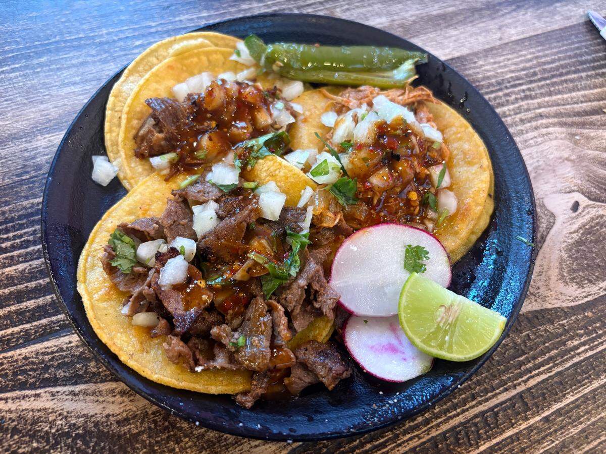 Carne asada, carnitas and chicken soft tacos at Maya’s Authentic Mexican Food in downtown Davis come with a roasted pepper, radishes and lime garnish.