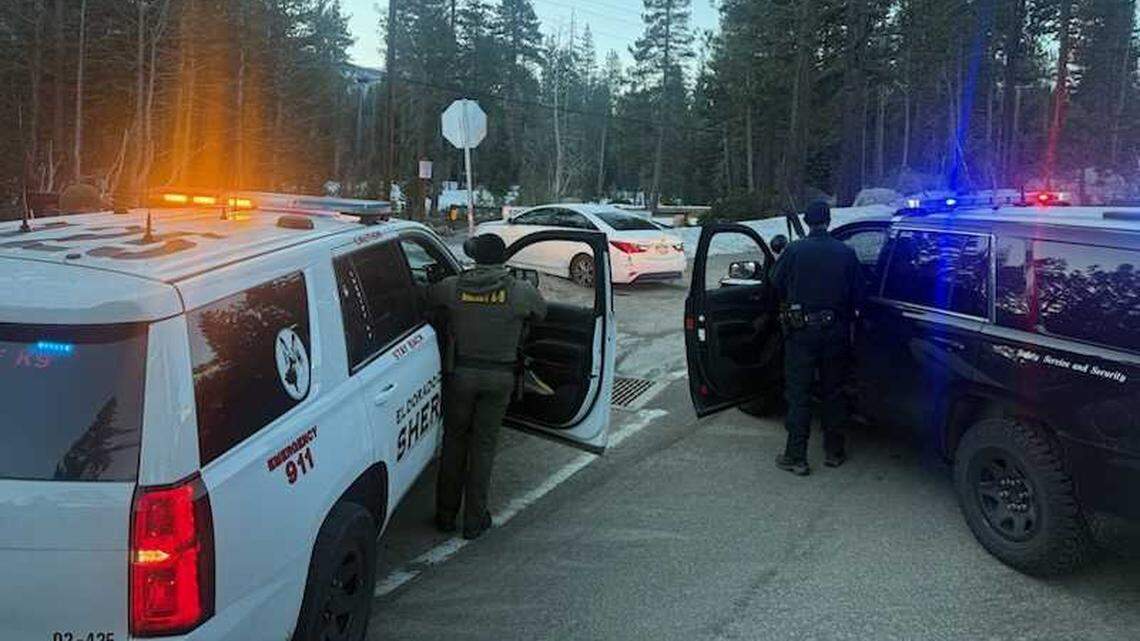El Dorado County sheriff’s vehicles and California Highway Patrol cruisers block Highway 50 during a felony stop near South Upper Truckee Road west of Meyers, Calif., on Thursday, March 5, 2026. The driver of a white sedan was taken into custody around 8:45 a.m. following a pursuit that began in Rancho Cordova.