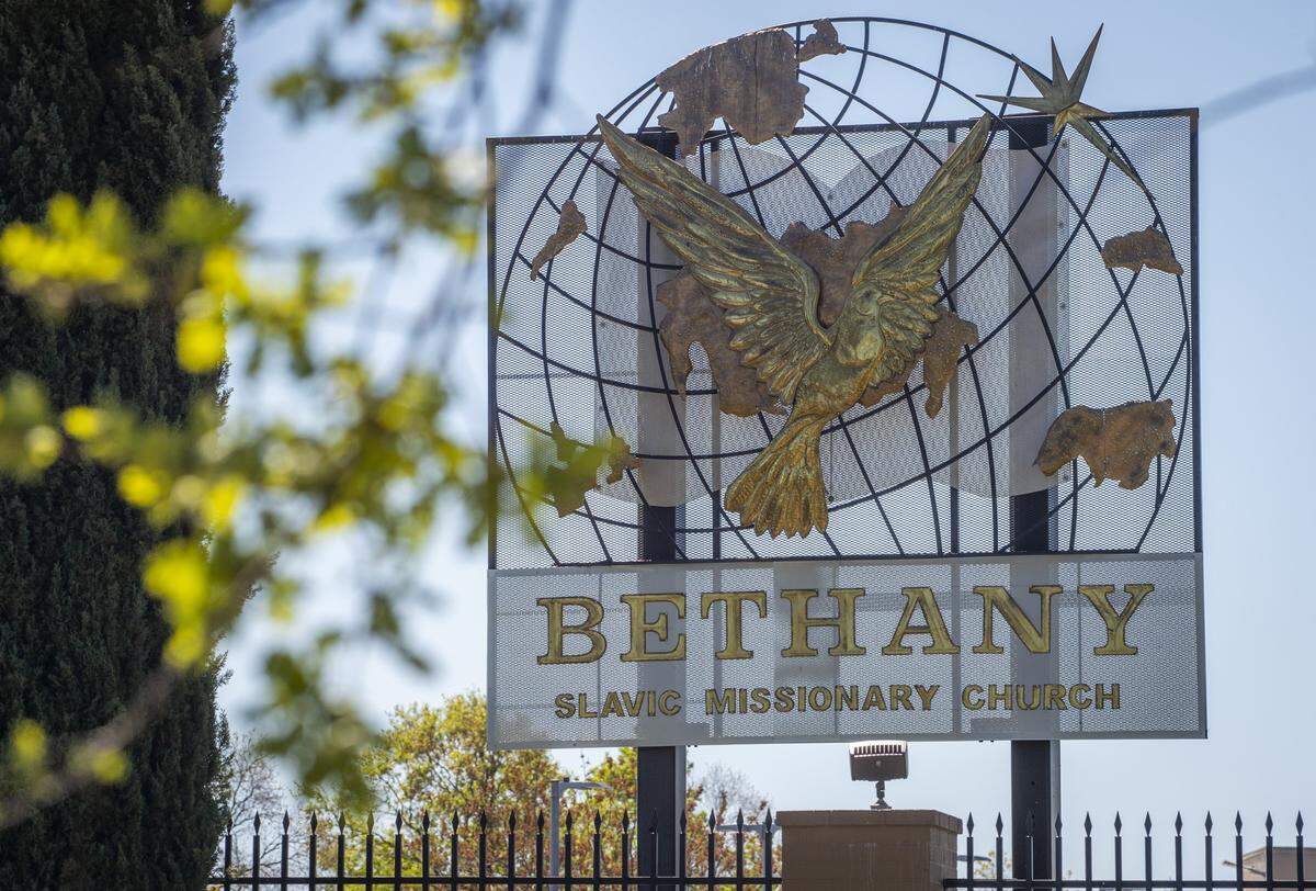 A sign stands at Bethany Slavic Missionary Church in Sacramento County on Thursday, April 2, 2020.