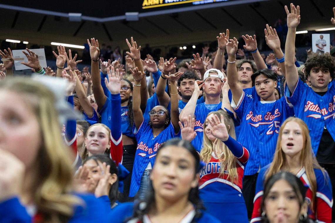 The Christian Brothers Falcons’ fans cheer in the second half against the El Capitan Gauchos in the CIF Sac-Joaquin Section Championship Division III championship on Friday.