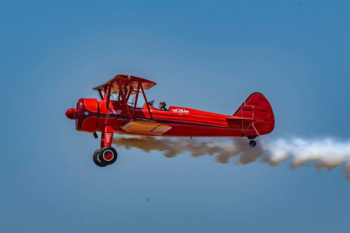 Vicky Benzing performs in a 1940 Boeing Stearman biplane during the Air & Space Expo at Beale Air Force Base on Saturday, June 7, 2025.