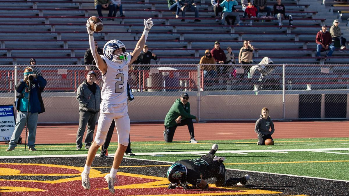 Casa Roble Rams receiver Ethan Horner (2) celebrates after catching the game-winning 2-point conversion against Twelve Bridges in the final minutes of the CIF Sac-Joaquin Section Division V football championship game on Friday at Hughes Stadium.