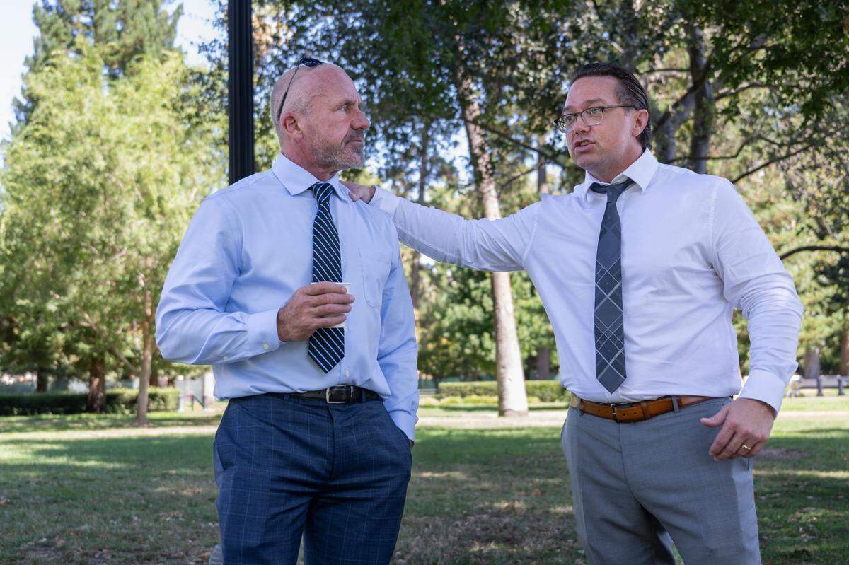 Gunner Johnson, 49, left, and Christian Branscombe, 48, formerly sentenced to life-without-parole, talk about their support for Senate Bill 94 on Wednesday, Aug. 23, 2023. Johnson was shot by Branscombe decades ago and the two reunited through a restorative justice process. Senate Bill 94 would allow some inmates convicted of crimes that took place before mid-1990 to petition a judge to have their sentences changed and seek parole. 