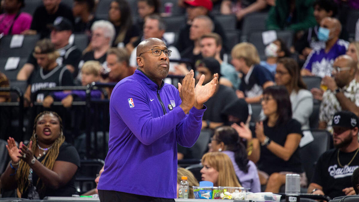 Sacramento Kings head coach Mike Brown likes what he sees in the first half as his teams has a commanding lead against the Portland Trail Blazers on Sunday, Oct. 9, 2021 during a exhibition NBA basketball game at Golden 1 Center in Sacramento.