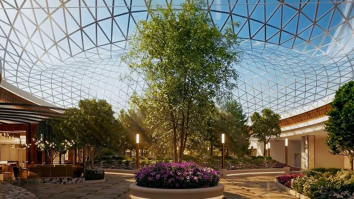 An rendering shows the planned atrium at the upcoming Sky River Casino hotel in Elk Grove. Sky River Casino broke ground Monday on the 300-room hotel, which tribal leaders say is part of Wilton Rancheria’s effort to expand its entertainment hub and strengthen economic self-sufficiency, with the project expected to open in late 2027 or early 2028.