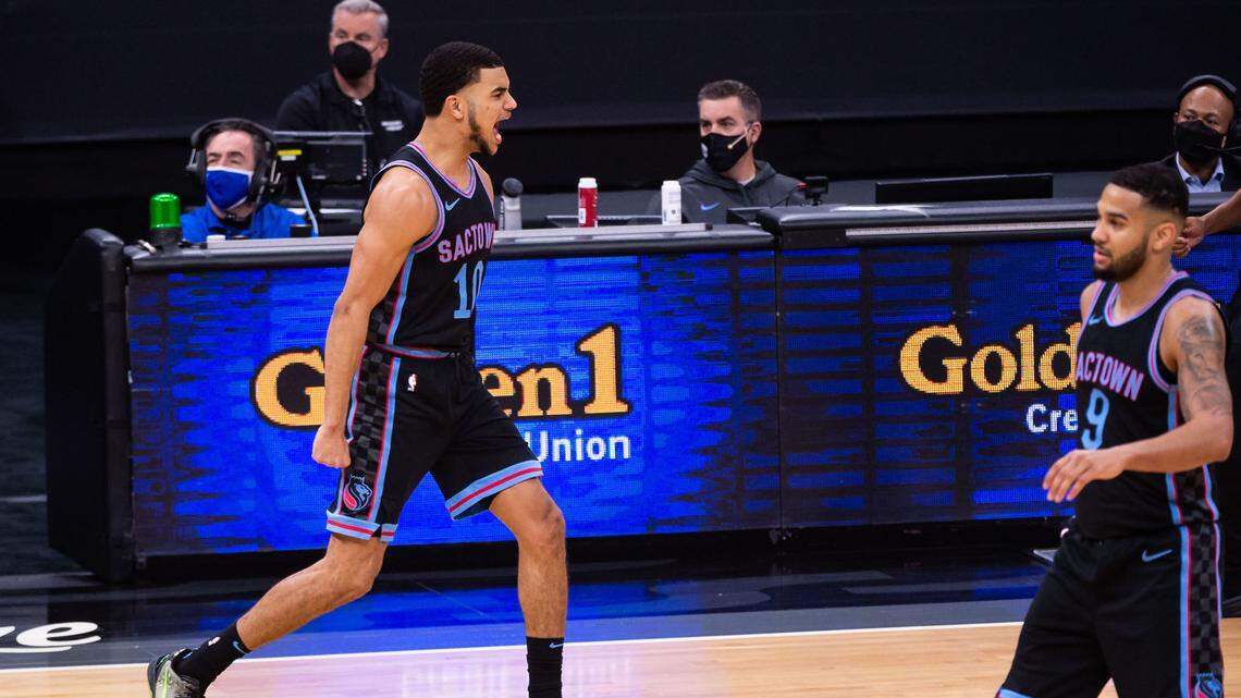 Sacramento Kings guard Justin James (10) celebrates a three pointer against the Miami Heat during the fourth period of the NBA game Thursday, Feb. 18, 2021, at Golden 1 Center in Sacramento. The Heat beat the Kings, 118-110.