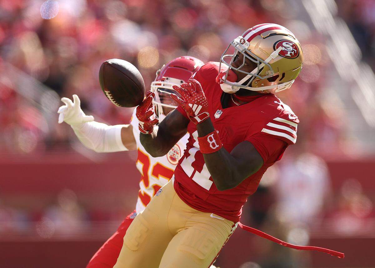 Brandon Aiyuk of the San Francisco 49ers drops a pass in front of Trent McDuffie of the Kansas City Chiefs during the second quarter at Levi's Stadium on Oct. 20, 2024 in Santa Clara.