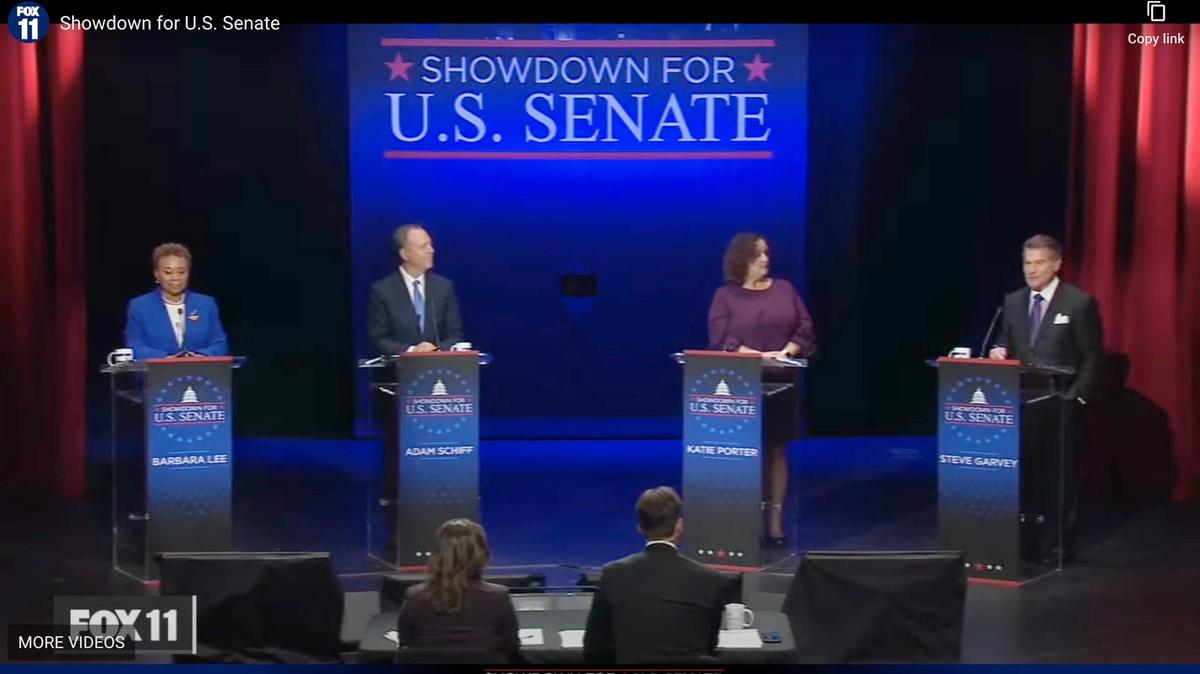 California candidates for U.S. Senate, from left, Reps. Barbara Lee, Adam Schiff and Katie Porter, and former baseball player Steve Garvey participate in a debate broadcast by Fox 11 in Los Angeles on Monday, Jan. 22, 2024. 