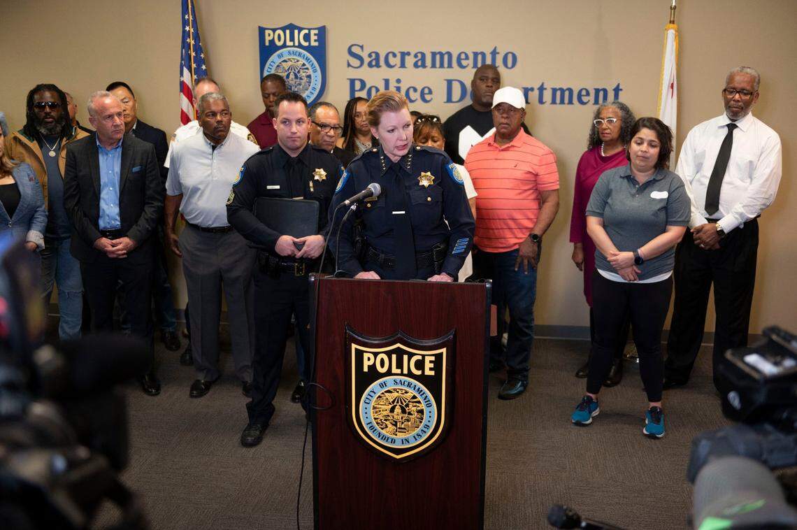 Sacramento Police Chief Kathy Lester speaks at a news conference at Sacramento Police headquarters about Sunday’s shooting where 18 people were shot and six died downtown.