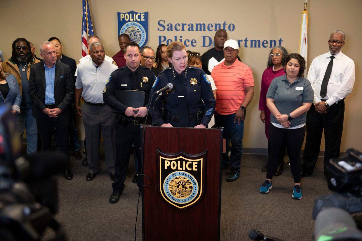 Sacramento Police Chief Kathy Lester speaks at a press conference at the Sacramento Headquarters to talk about a shooting were 18 people were shot and 6 died in downtown Sacramento on Sunday, April 3, 2022. 