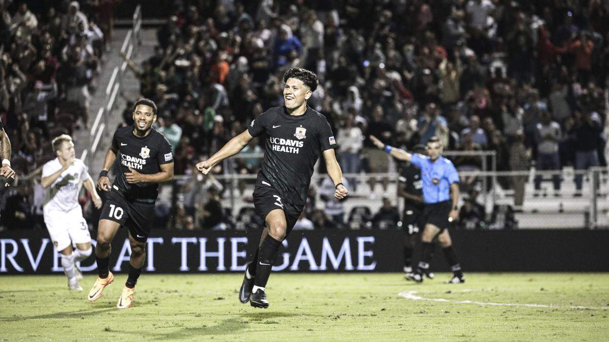 Sacramento Republic academy product Rafa Juaregui celebrates his first professional goal against the L.A. Galaxy II on Saturday, June 18, 2022.