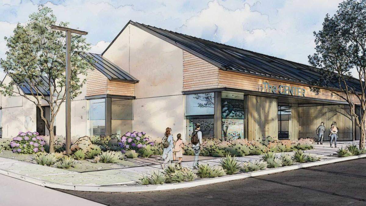 A rendering shows the front entrance of the proposed permanent homeless shelter at Survey Road and East Stockton Boulevard in Elk Grove. The Elk Grove City Council voted Wednesday, Feb. 11, 2026, to move forward with negotiating the purchase of the site as the likely location of the city’s first permanent homeless shelter.
