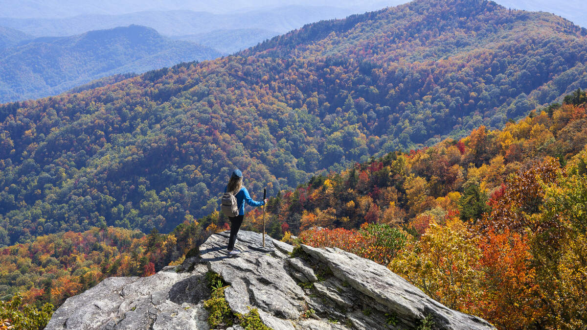 Woman on top of the mountain enjoying beautiful fall scenery. Girl hiking in the autumn mountains. Blue Ridge Mountains, near Asheville, North Carolina, USA