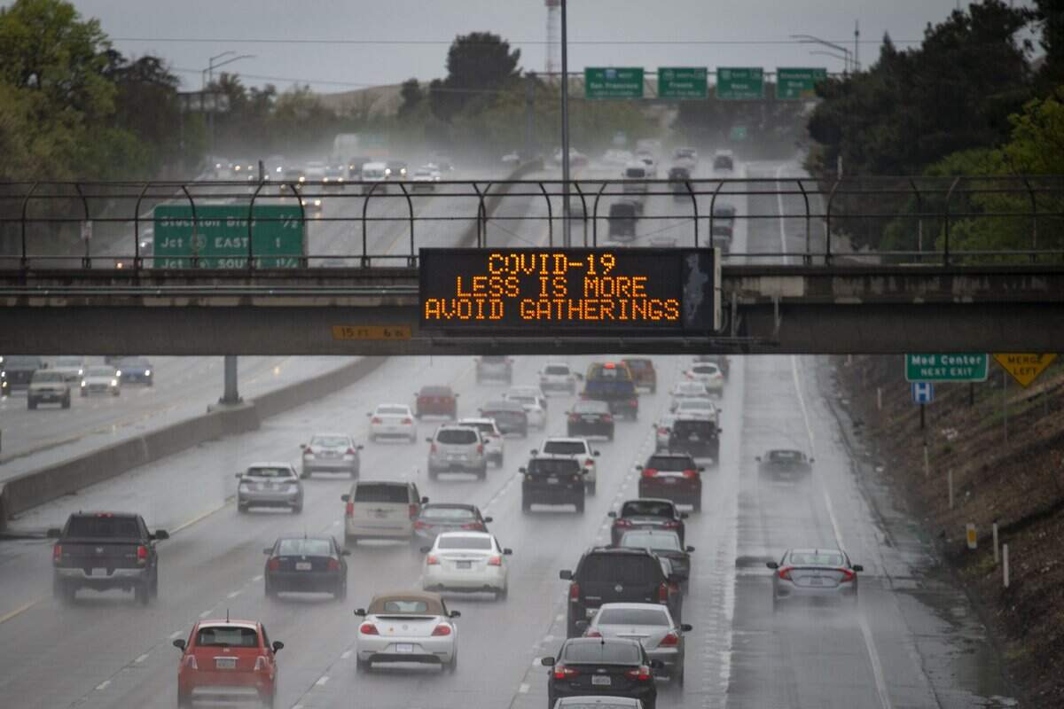 24. A Caltrans electronic highway sign on Highway 50 in Sacramento on Saturday, March 14, 2020, encourages people to avoid gatherings as a way to contain the spread of the coronavirus. Caltrans is using its 700 electronic signs to display public safety messages in response to California’s declared emergency for COVID-19.