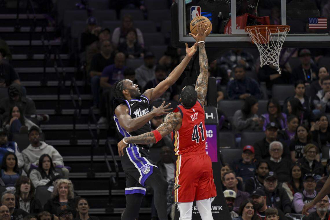 Sacramento Kings forward Precious Achiuwa (9) makes a basket against New Orleans Pelicans guard Saddiq Bey (41) during an NBA game at Golden 1 Center on Thursday.