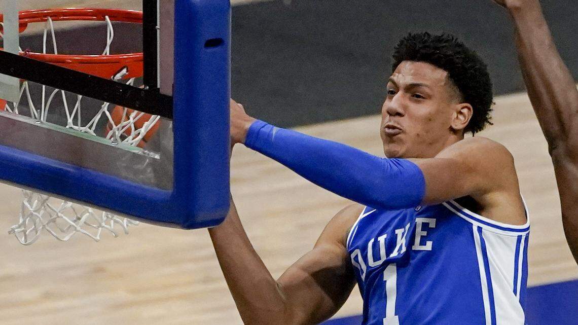 Duke’s Jalen Johnson (1) shoots against Pittsburgh during the second half of an NCAA college basketball game, Tuesday, Jan. 19, 2021, in Pittsburgh. (AP Photo/Keith Srakocic)