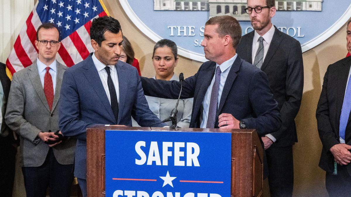Assembly Speaker Robert Rivas, left, D-Hollister, and Senate President Pro Tem Mike McGuire, D-Healdsburg, speak June 10, 2024, at the state Capitol about amendments to a package of bills to address retail theft.