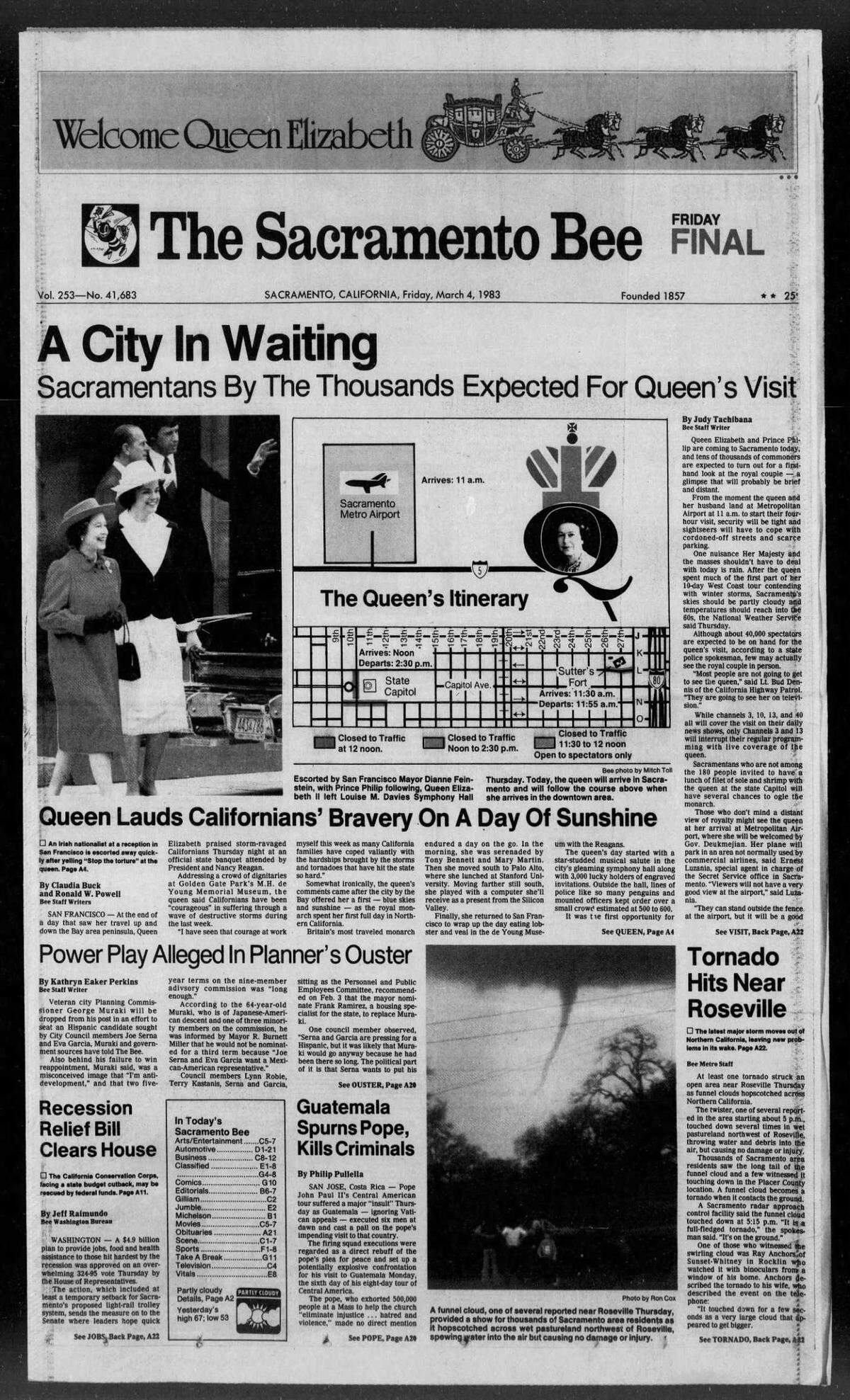 The front page of The Sacramento Bee on March 4, 1983, the day of Queen Elizabeth II’s visit to the capital.