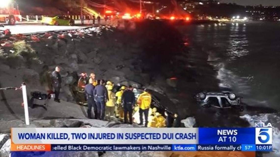 A 32-year-old woman died when an accused drunk driver knocked parked vehicles onto a Pacific Palisades beach, California police say.