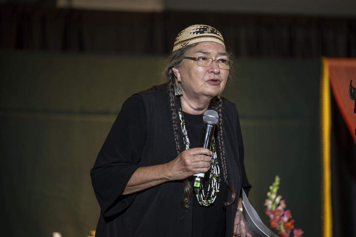 Annette Reed, dean of students at Wileety Native American College, addresses students and guests during the college’s grand opening on Wednesday at Sacramento State. 