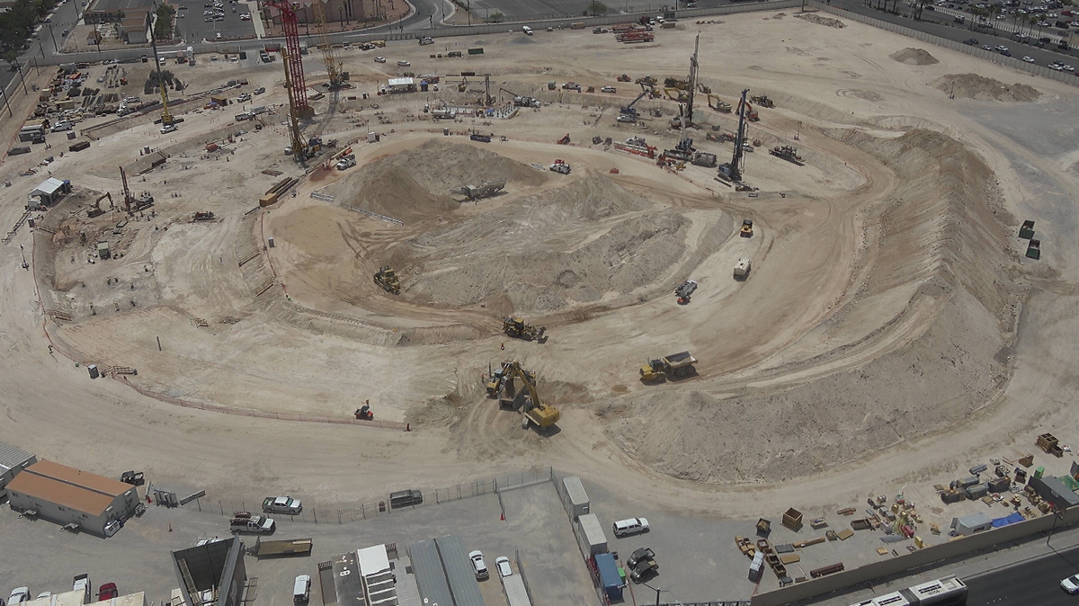 A screenshot from a time-lapse construction camera taken just after 12:30 p.m. on Thursday shows work on the Athletics’ planned new MLB stadium on the Las Vegas strip, where the team plans to play home games starting in 2028.