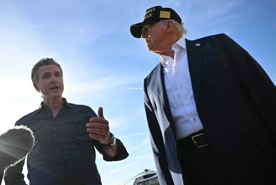 President Donald Trump and California Gov. Gavin Newsom addressed the media at Los Angeles International Airport in January. Newsom has sued Fox News for defamation over its reporting on a recent phone call with the president, escalating tensions after Trump deployed troops to Los Angeles during an immigration crackdown.