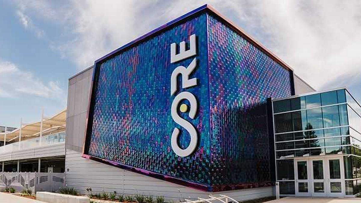 The exterior of the CORE Recreation Center in Elk Grove displays its name across a modern façade. The $29 million facility will host its grand opening on July 26 after two years of construction.