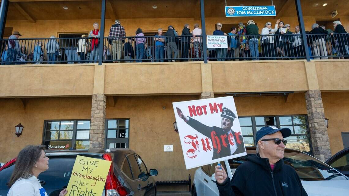 El Dorado County Democrats crowd Rep. Tom McClintock’s office to protest Trump and Musk